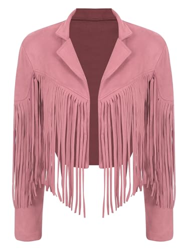 Women Faux Suede Leather Fringe Jacket Cowgirl Motorcycle Moto Biker Open Front Tassel Coat3