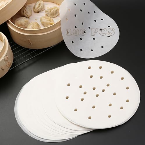 Hongmeru 100 Sheets Round Perforated Parchment Paper - 8 Inch Air Fryer Liners, Bamboo Steamer Basket Liners - Non-Stick for Baking, Microwaving, Oven Cooking (100)