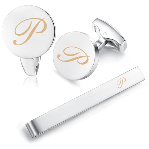 HONEY BEAR Initial Alphabet Letter Cufflinks Tie Clips Set for Mens Gift