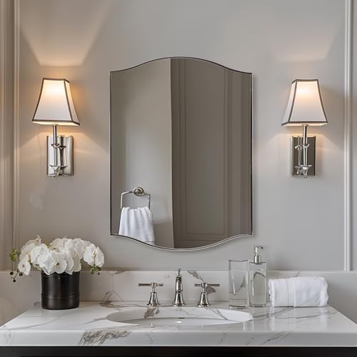 Image of ANDY STAR Polished Chrome Bathroom Mirror, 20 inchx30 inch Scalloped Wall Mirror in Stainless Steel Metal Frame, Unique Vanity Mirror with Modern Curved Edge Design, Ideal for Bathroom, Bedroom, Entryway