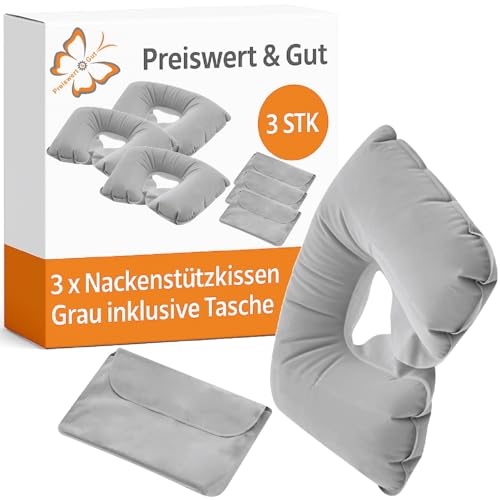 Preiswert&Gut 3X Reisekissen 35x23x9 cm Nackenhörnchen 130 Gramm in Grau – Nackenkissen mit samtiger Oberfläche für Flugzeug und Reise...