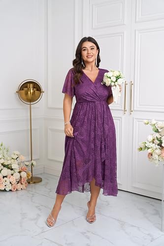 Image of SCOMCHIC Womens Plus Size Wedding Guest Dress Formal Lace Wrap V Neck High Low Short Sleeve Cocktail Maxi Dresses XL-4XL