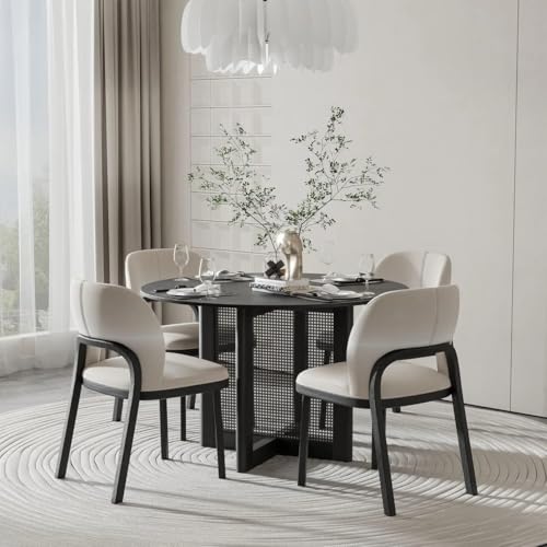 Image of Quick Artsy Round Mango Wood Dining Table 4 Seater for Dinning Room, Living Room & Home Decor, Natural Colour, (120D x 120W x 76H Centimeters) (Rattan Dining Table) (Black Rattan Dining)
