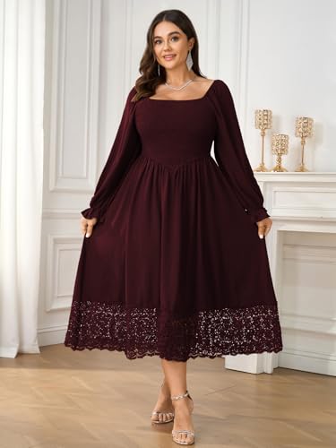 Women's Plus Size Maxi Dress Long Sleeve Square Neck Smocked Flowy A-Line Lace Trim Wedding Guest Dresses4