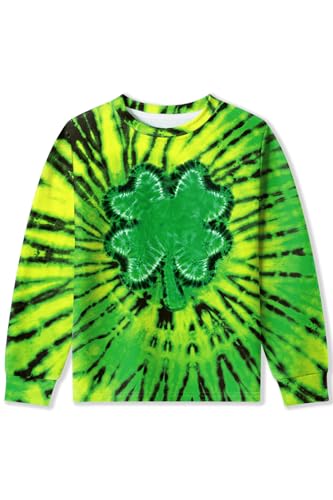 Image of Unisex Kids St. Patrick's Tie Dye Irish Clover Long Sleeve Shirt Shamrock Green Sweatshirt 6-14 Years