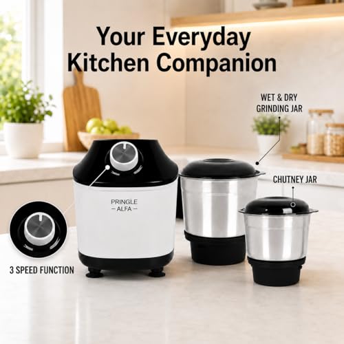Image of Pringle Alfa 550W 2 Jar Mixer Grinder for Kitchen | 2 SS Jars (Wet & Dry Grinder & Chutney) | Stainless Steel Blades | Compact & Powerful | 5 Yr Warranty | Black White
