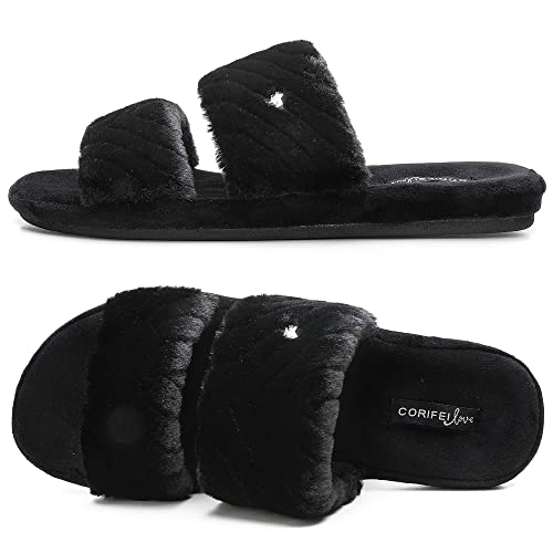 corifei Chaussons moelleux pour femme, bout ouvert, double bande, Noir , 37 EU Cover