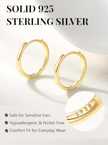 Image of Silvora 14K Gold Plated Huggie Hoop Earrings for Women, Small Sterling Silver Hoops, Hypoallergenic Cartilage Earrings for Sensitive Ears 8 /10 /12 /14 /16 /18 /20MM