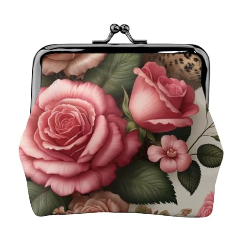 Pu Leather Buckle Coin Purse Roses-Leopard-Floral Girls Kiss-Lock Change Purse Wallets