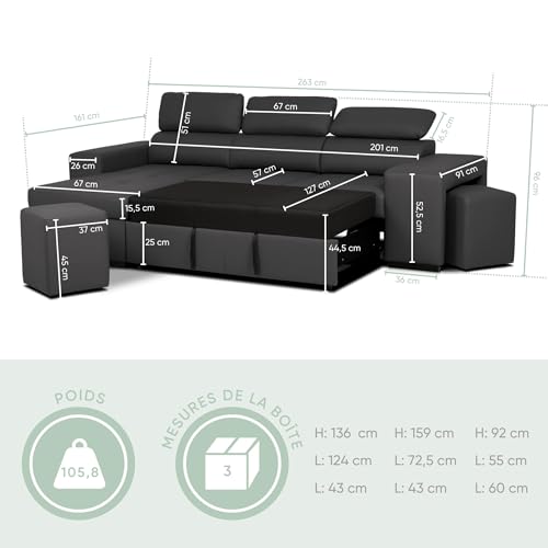 BUDWING John Canapé-Lit d’Angle 4 Places – Chaise Longue Réversible, Têtières Réglables et 2 Poufs – Revêtement en Polyuréthane – Style Moderne – 263x161x96 cm – Noir – Image 3