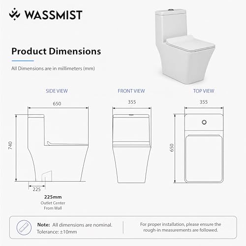Image of WASSMIST Commode Toilet | Floor Mount One Piece Western Toilet for Bathroom with 10 Year Glaze Warranty | Rimless Tornado Washdown Flush | PP Slow Down Seat Cover | 225 mm S Trap