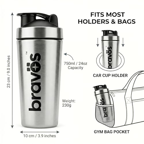 Image of Bravos Stainless Steel Protein Shaker | Leakproof, Easy Clean Cap, 750 ML | 304 BPA Free | Gym Bottle