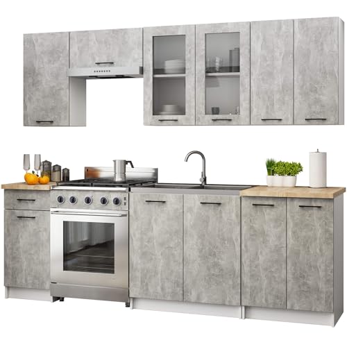 AKORD | Set di Mobili da Cucina Olivia 2.4m H720 | Cucina Completa Piccola | Componibile | su Misura 46 x 240 x 203 cm | Per un design moderno e Tradizionale | Bianco & Cemento