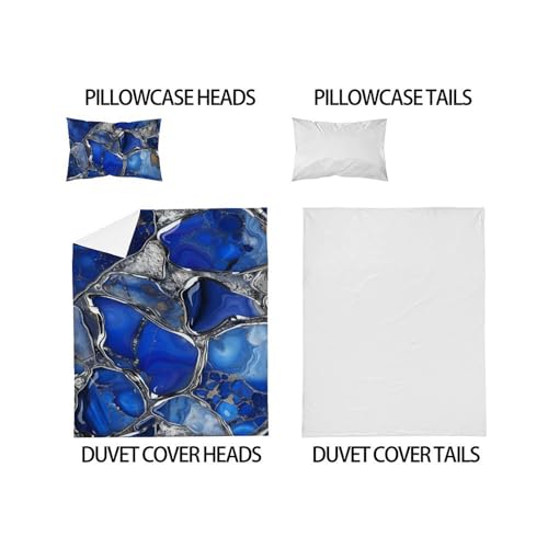 Housse de couette marbre 2 pièces bleu argent 135x200 avec fermeture éclair