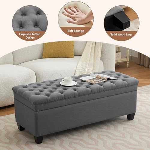 Image of WUTUTUEE 50 inch Fabric Storage Ottoman Bench, Upholstered Rectangle End of Bed Storage Ottoman Tufted Living Room Bedroom Bench with Safety Hinge, Solid Wood Legs, Loads 500 lb(Dark Grey)