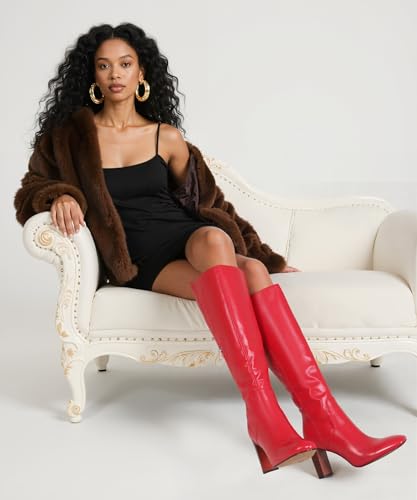 Knee High Boots for Women, Chunky Heel Faux Leather Boots Women's Comfortable Square Toe Shoes Long Tall Wide CalfBoots Dress/Casual Boot with Side Zipper4