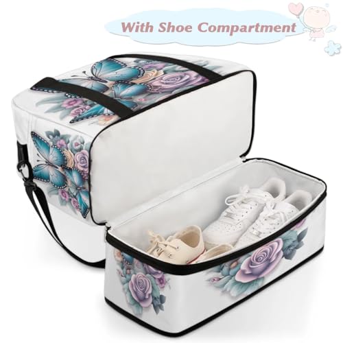Travel Duffel Bags Floral Butterfly Foldable Weekender Bags for Women with Shoes Compartment Waterproof & Tear Resistant Carry on Overnight Luggage Duffel Bag Shoulder Sports Tote Bag4