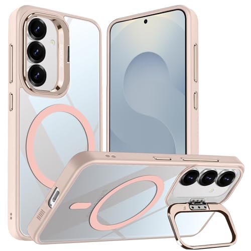 Coque Samsung S25 transparente rose avec support et anneau magnétique de protection