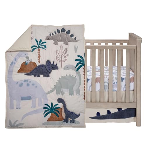 Image of Lambs & Ivy Dino-Might 3-Piece Blue /Gray Dinosaur Nursery Baby Crib Bedding Set