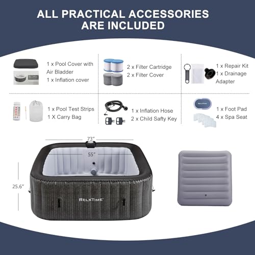 73in x 73in 4-6 Person Inflatable Hot Tub Spa, AirJet Outdoor Portable Hottub with 130 Bubble Jets, Filter Cartridges, Insulated Cover, Black