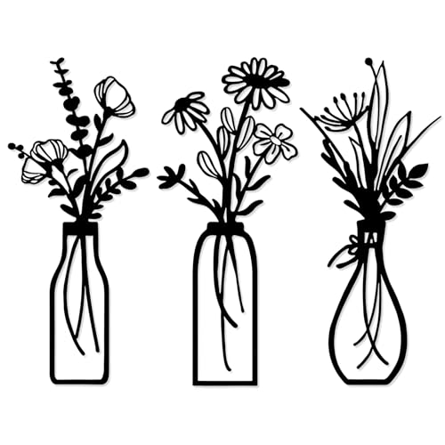 OUZHOU Flower Metal Wall Art, 3Pcs Black Metal Wall Art Decoration, Flower in Vase Wire Floral Line Hanging Wall Sculpture, Easy To Install Black Wall Decor Art for Living Room, Bathroom, Bedroom