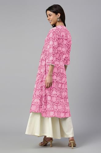 Image of Janasya Women's Pure Cotton Floral Printed Flared Kurta