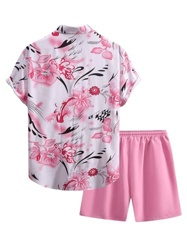 Men's Plus Size 2 Pieces Outfit Floral Print Button Down Shirt and Drawstring Waist Shorts Sets2