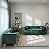LIFE SKY Green Velvet Sofa Set of 2: Modern 3-Seater Living Room Couches with Plush Cushions & Gold Metal Legs - Premium Upholstered Furniture for Airbnb Hosts & Rental Properties