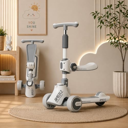 Image of Multi-Functional 2 in 1 Kids Kick Scooter with Foldable Seat | Adjustable Handlebar | PU LED Flashing 3 Wheels | for Boys & Girls Age 3-14 Years. (KS-110 Grey)