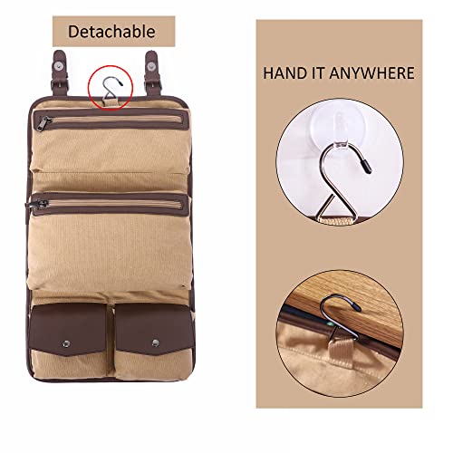 Seyfocnia Hanging Travel Toiletry Bag,Leather And Canvas Travel Makeup Bag For Men And Women,Water-Resistant Travel Organizer For Accessories thumb #1
