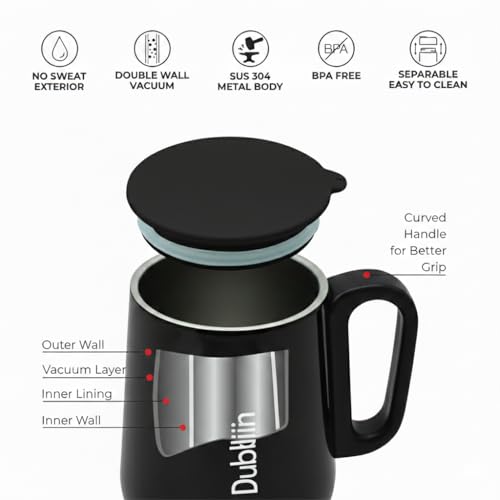 Image of DUBBLIN Rugby Stainless Steel Unbreakable Tea Coffee Mug Double Wall with Handle and Lid Wide Mouth Keeps Beverages Hot & Cold 270 ML Black