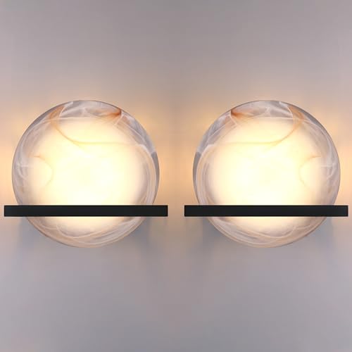 Image of 10 inch Round Frosted Red Glass Bathroom Wall Sconce Concise Style 2 Pack 2 Light Wall Light Fixture,Black Finish for Bedroom Hallway Bedside Living Room