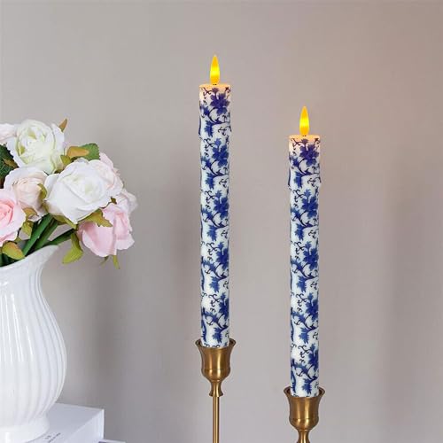 Image of Chinoiserie LED Candles Remote Candlesticks-10inches Blue and White Battery Operated Candles Timer Floral LED Taper Candles Lights for Home Wedding Tea Party Windows Decor-RC2PC-BLUWHT