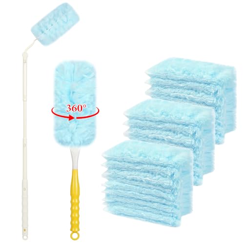 OFFCUP 32 PCS Plumero Duster Kit, 30PCS Plumero Atrapapolvo con 1 Mango Telescopico Extensible y 1 Mango Corto, 360° Repuesto para Colector de Polvo Electrostático para Polvo la Sucieda (Azul)