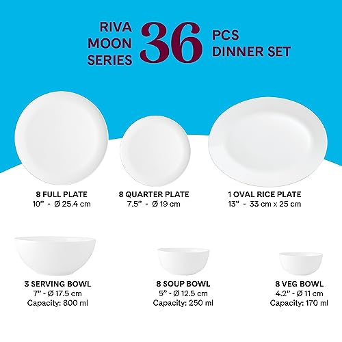 Image of Larah By Borosil Moon Riva Dinner Set - 36 Pcs, Opal Glass Dinner Plates & Bowls Crockery Set for Dinning, White