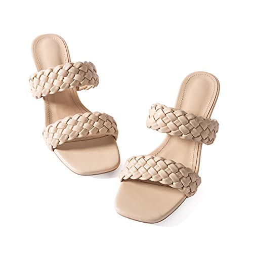 N.n.g Women Heels Sandals Block Braided Cream Size 8 Low Wovem Chunky Summer Leather Comfort Square Toes Strappy Dress Casual #TOP6