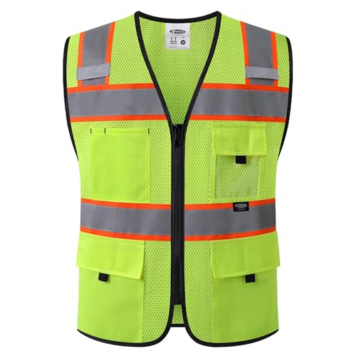 JKSafety Safety Vest for Men Women Hi Vis Relfective Vest with Pockets High Visibility Meet ANSI Standard Yellow Color with Extended Orange Strips (BX331-Yellow L)
