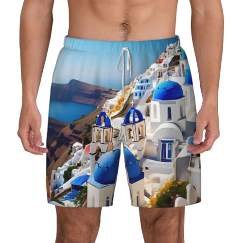 WURTON Santorini Greek Island sea View Print Men's Bathing Suit Lining Quick-Drying Beach Shorts Anti-Chafe Compression Liner
