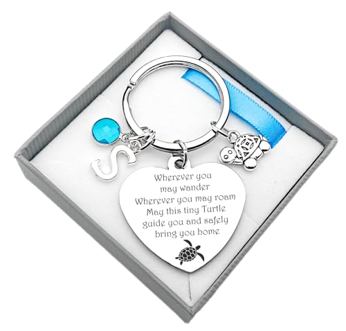 Travel Turtle Keychain, Travelling Turtle Bag Charm, Journey Good Luck Key Rings, Safe Travels, Personalised Letter And Birthstone,