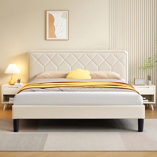 VECELO Lit Double Rembourré 140x190 cm, Sommier Plateforme avec Tête de Lit Réglable, Support à Lattes en Bois Solide, Tissu en Velours Haut de Gamme, Facile à Assembler, Beige