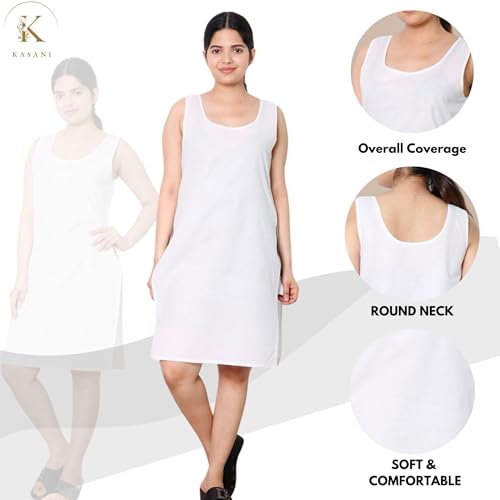 Image of KASANI Women's Camisole Cotton Long Knee-Length Sameej /Slip /Inner, Sleeveless, Pack of 2