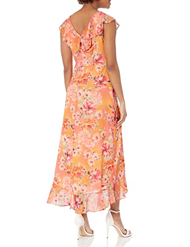 London Times Women's Chiffon Faux Wrap Ruffle Maxi Dress Guest Of Wedding, Coral/Orange/Pink #TOP1