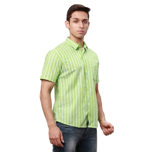 Image of Park Avenue Men's Pure Cotton Chambray Pattern Slim Fit Ainsley Collar Half Sleeve Casual Shirt