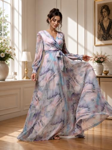 Image of LITZO Women's One Piece Dress - Georgette Floral Printed Western Gown | Long Sleeve V Neck Fit & Flare Flared Hem Design | A-Line Maxi Dress for Women | New Year Party Outfit (NO-08-10)
