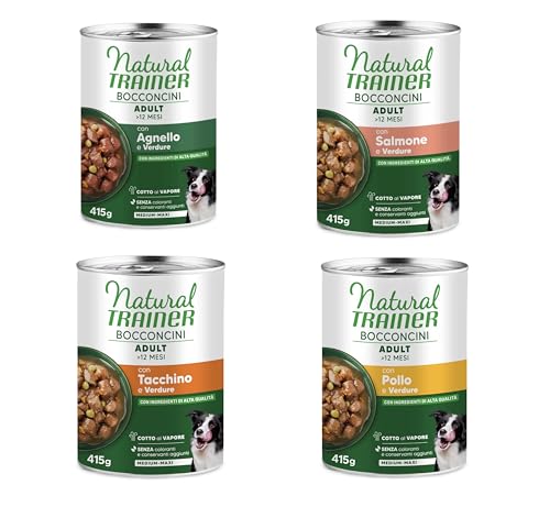 Natural Trainer Bocconcini Adult Medium-Maxi, Gusti Misti con Verdure, Cibo Umido per Cani, 3 Lattine da 415g