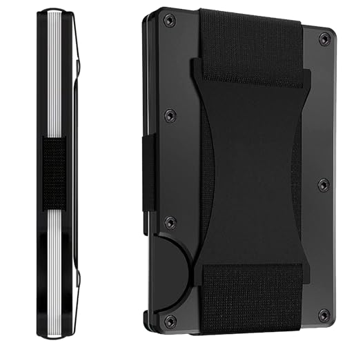 EDGE Men Minimalist Aluminum Wallet with Cash Strap Slim Wallet for Men, Thin as a Rail, Minimalist Aesthetics, Holds up to 12 Cards, RFID Safe, Blocks Chip Readers Black