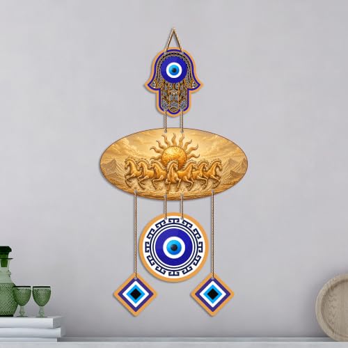 Image of Artvibes Golden Seven Running Horses Evil Eye Wall Hanging for Home Decoration | Vastu Feng Shui Wealth Attraction Decor with Nazar Suraksha Protection for Living Room | Office | Gift Item (WH 85132N)
