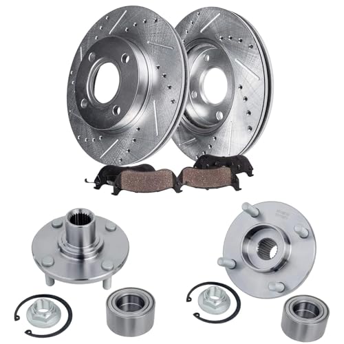 Image of Detroit Axle - Front Wheel Bearing Hubs Brake Kit for 2000-2004 Ford Focus | [Not for SVT Models] Drilled Slotted Brake Rotors Ceramic Brake Pads Wheel Bearing Hubs Assembly 2001 2002 2003 Replacement