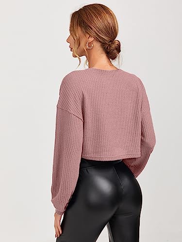 Image of Zilcon Women's Waffle Summer Tops Dressy Casual V Neck Long Sleeve Loose Crop Tunic Tops