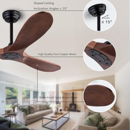 Image of QUTWOB 52 inch Wood Ceiling Fan No Light, Reversible DC Motor, Remote Control | solid wood blades, quiet 6-speed reversible dc inverter motor, remote control, no light, for indoor outdoor patio living room